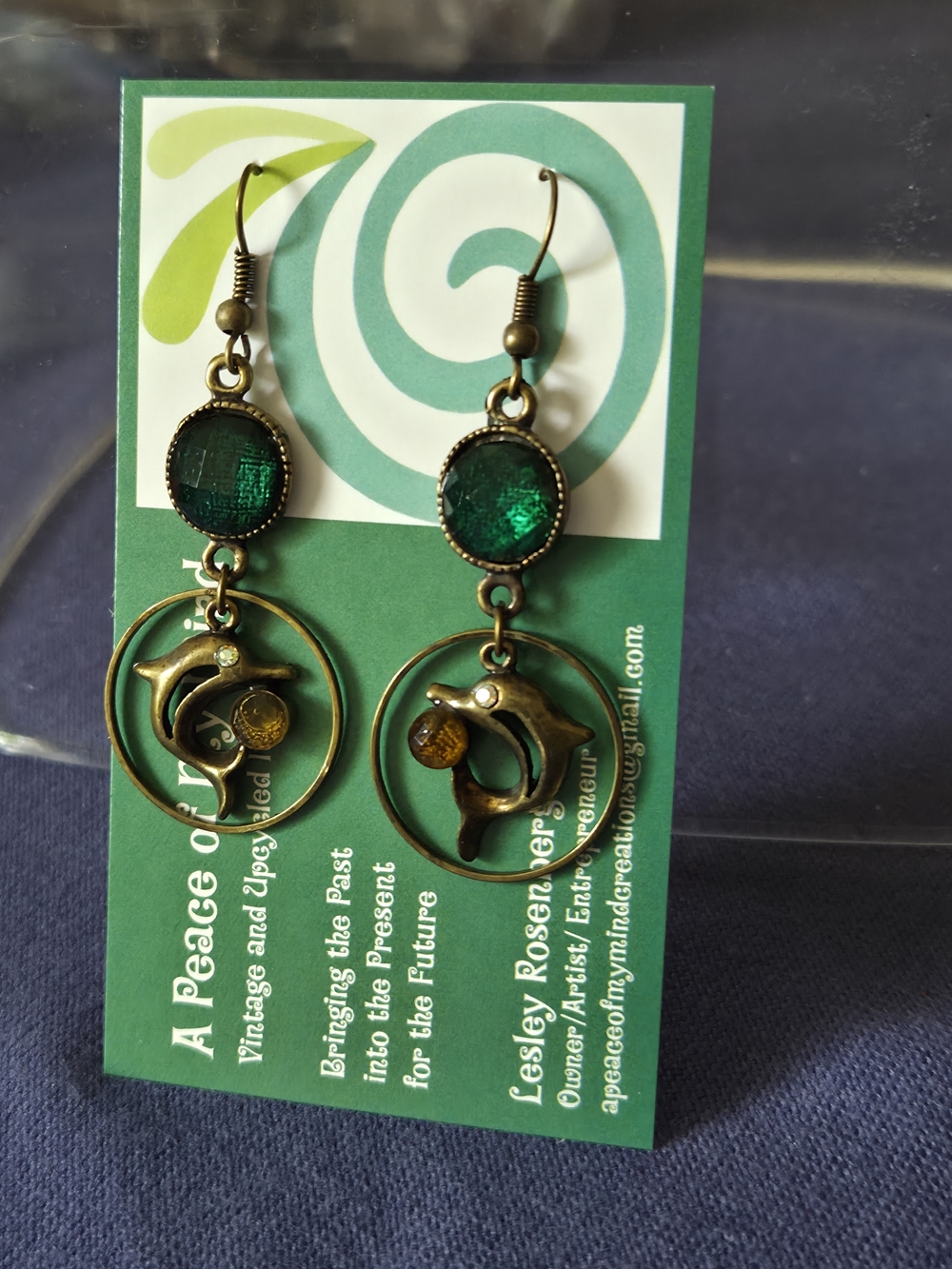 Vintage Turkish Dolphin Drop Earrings with Green and Yellow Stones
